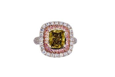 Natural Fancy Greenish Yellow and White Diamond Ring in 18KWG