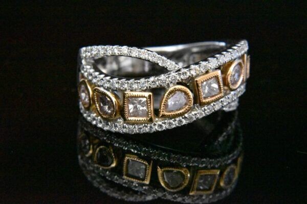 Multi shape Natural Pink and white Diamond ring in 18KWG
