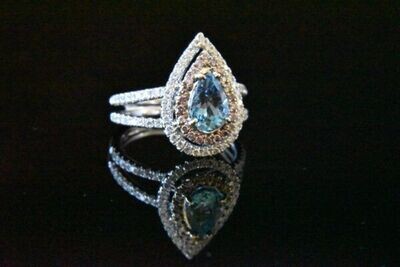 Natural Pink and White Diamonds Ring with Aquamarine in 18KWG
