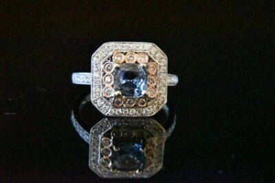 Natural Pink and White Diamonds Ring with Sapphire in 18KWG