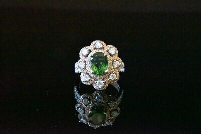 Natural Pink and White Diamond ring with Green Tourmaline in 18KWG