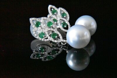 Diamond and Emerald Pearl Earrings in 18KWG