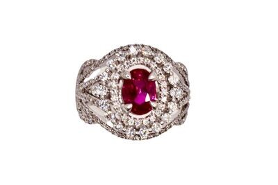 GIA Certified Burmese Ruby Ring in 18KWG – White Diamonds: 1.35ct