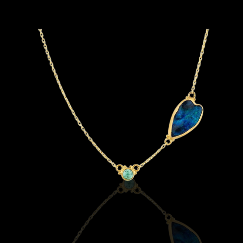 24KYG Ocean Necklace with Australian Opal and Round Cab Emerald on 23.5KYG Adjustable chain