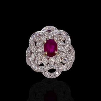 GIA Certified Burmese Ruby Ring in 18KWG – White Diamonds: 1.02ct