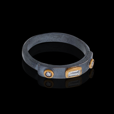 Stockholm Ring with diamonds in 24K Gold and Oxidized Silver