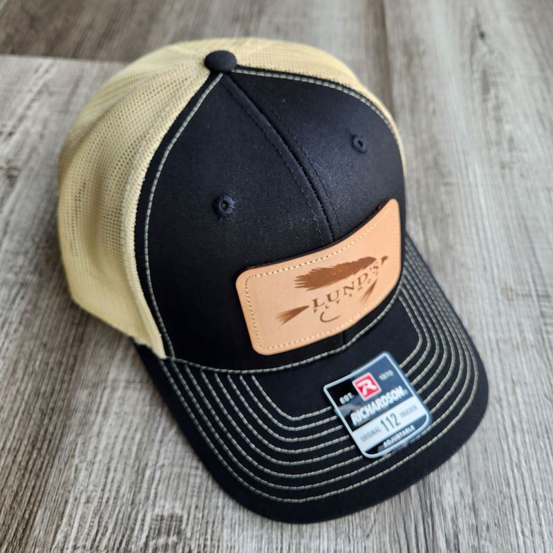 LUND&#39;S LEATHER PATCH HATS, Color: BLACK/VEGAS GOLD