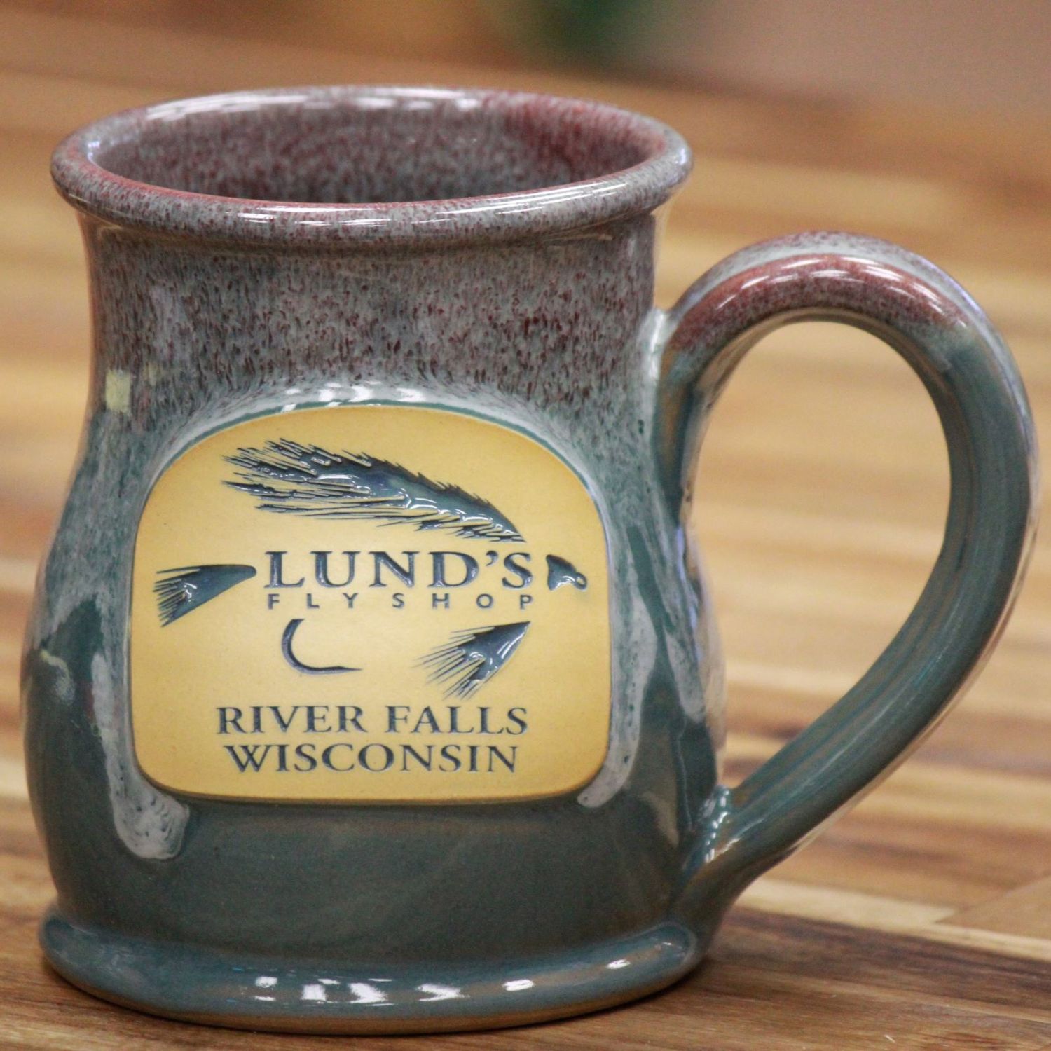 LUND&#39;s MEDALLION MUG, TYPE: TALL BELLY - LT TEAL w/ROSE WHITE