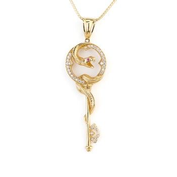 14K Yellow Gold Key Snake Pendant with zirconia
