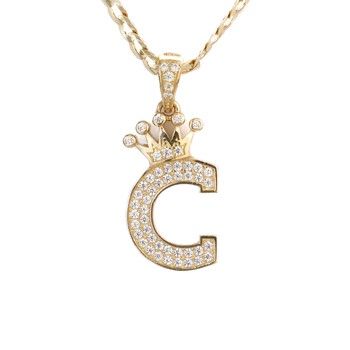 14K Yellow Gold King Letter C Pendant with Zirconia Initial Charm Unisex Gift