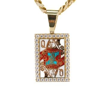14K Yellow Gold Pendant. Queen Card with zirconia