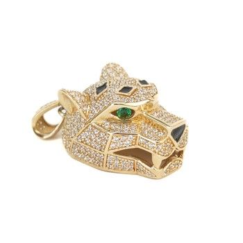 14K Yellow Gold Leopard Head Pendant with Zirconia Stones. Jewelry Gift