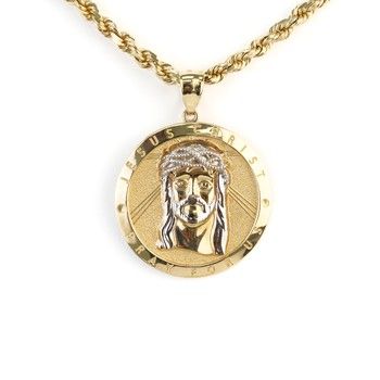 10K Two Tone Gold Round Medal Jesus Christ Face Pendant Catholic Religious Fine Jewelry