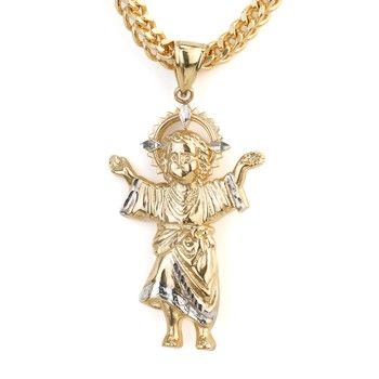 10K Two Tone Gold Diamond Cut Divino Nino Baby Jesus Pendant Catholic Religious Fine Jewelry
