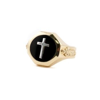 14K Yellow Gold Men&#39;s St Jude &amp; Cross Black Ring Size 10