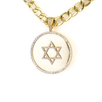 10K Yellow Gold Circle Star of David Pendant Zirconia Jewish Religious Charm