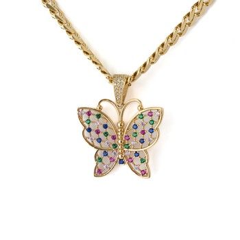 10K Yellow Gold Butterfly Pendant with multicolor zirconia