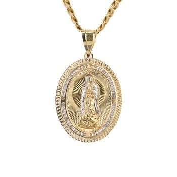 14K Yellow Gold Oval Medal Our Lady Guadalupe Pendant with zirconia.