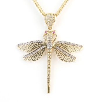 14K Yellow Gold Dragon-fly Pendant with zirconia.