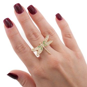 14K Yellow Gold Dragonfly Women&#39;s Ring with Zirconia Size 7.5 Fine Jewelry