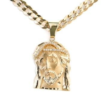 14K Yellow Gold Jesus Christ Face Pendant with Zirconia Religious Fine Jewelry