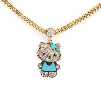 14K Yellow Gold Blue Kitty Pendant Zirconia Charm Cat Lovers Gift