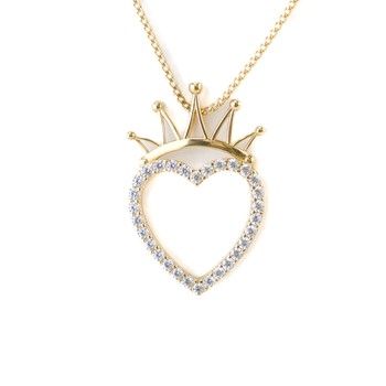 14K Yellow Gold Heart &amp; Crown Pendant with  Zirconia Fine Jewelry Charm Gift
