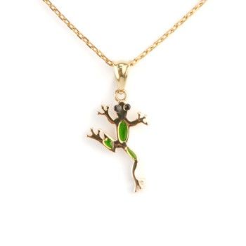 14K Yellow Gold Green Frog Pendant Lucky Animal Charm Fine Jewelry