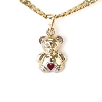 14K Yellow Gold Bear pendant with read heart zirconia