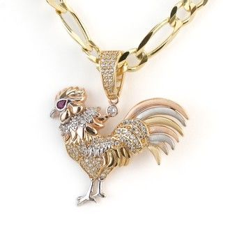 14K Yellow Gold Rooster Pendant with Zirconia