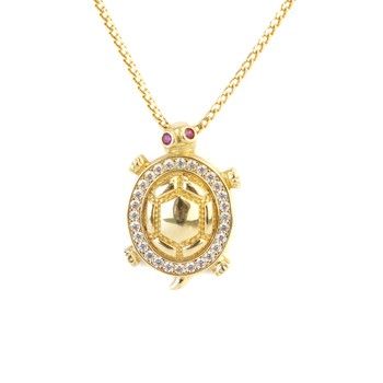 14K Yellow Gold Little Turtle Pendant with Zirconia. Pink Eyes