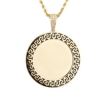 10K Yellow Gold Circle Medal Pendant Black Design with Zirconia Fine Jewelry Gift