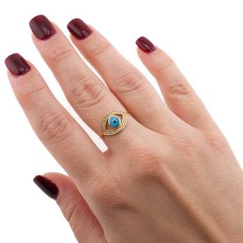 14K Yellow Gold Evil Eye Women&#39;s Ring with Zirconia. Size 7 Fine Jewelry