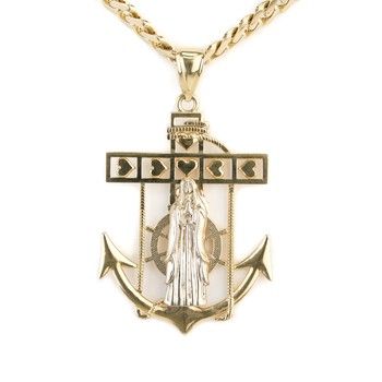 14K Yellow Gold Medal Anchor Design Virgin Pendant Catholic Religious Fine Jewelry