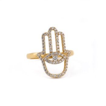 Women&#39;s Ring Hamsa with zirconia  Yellow gold 14k Size