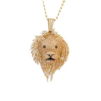 14K Yellow Gold Lion Face Pendant with Cubic Zirconia Men&#39;s Jewelry Gift