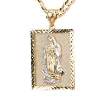 14K Two Tone Gold Diamond Cut Square Guadalupe Virgin Pendant Catholic Religious Fine Jewelry