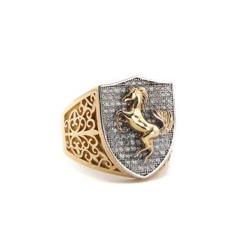 10K Yellow Gold Men&#39;s Ring with Zirconia Horse Design Sz10