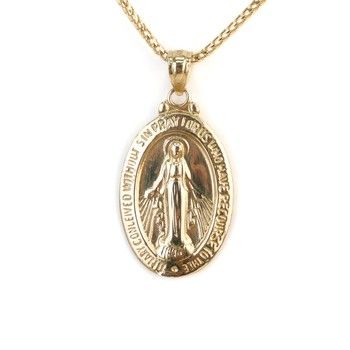 14K Yellow Gold Virgin Mary Medal Pendant Catholic Religious Fine Jewelry