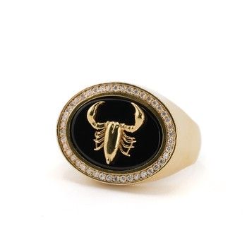 Ring Scorpion Black stone with CZ Oro14K Sz 9.5