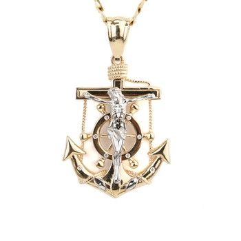 14K Yellow Gold Two Tone Anchor &amp; Christ Pendant Religious Fine Jewelry