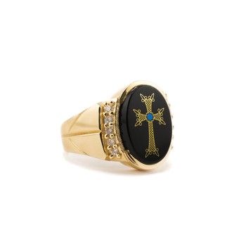 14K Yellow Gold Men&#39;s Ring Black Stone Cross Design Size 9.5