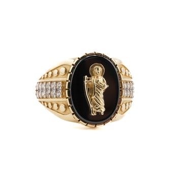 14K yellow gold Men&#39;s blk stone with zirconia St Jude sz 12