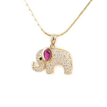 Elephant Pendant Red &amp; White Zirc 14K