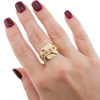 14K Yellow Gold Link Design Ring with Zirconia Size 7 Fine Jewelry