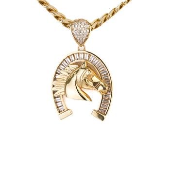 14K Yellow Gold Lucky Horseshoe Pendant with CZ Zirconia Men&#39;s Jewelry Charm Gift