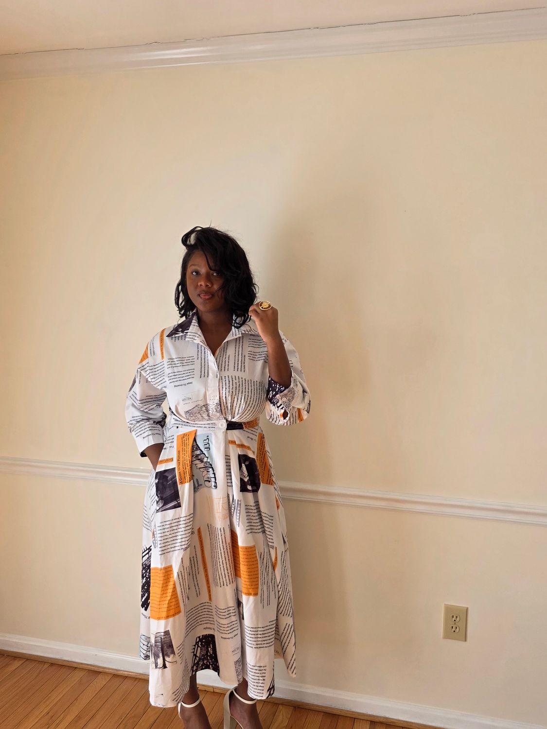 Newspaper Print Long Sleeves Dress