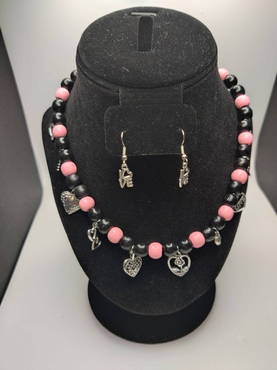 Juliet - Made With Love - Heart Necklace that Takes Romance to the Next Level! Heart Shaped Charms, Pink and Black Wooden Beads, Matching Earrings!