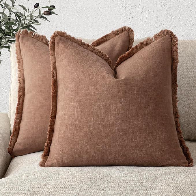 Set of 2 Decorative Linen Fringe Throw Pillow Covers (Rust)