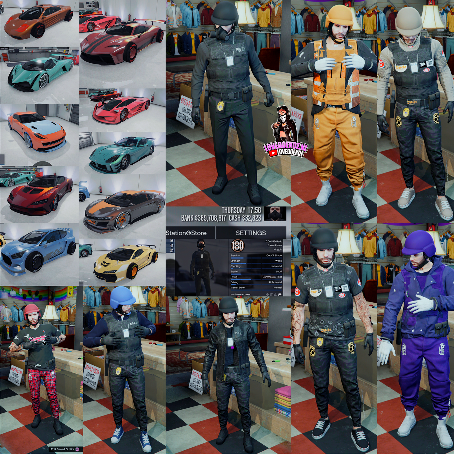 HANDMADE MALE TRYHARD ACCOUNT: LEVEL 180,  10 MODDED CARS, 8 MODDED OUTFITS, 369 MILLION PURE CASH, 110 MILLION CASINO CHIPS